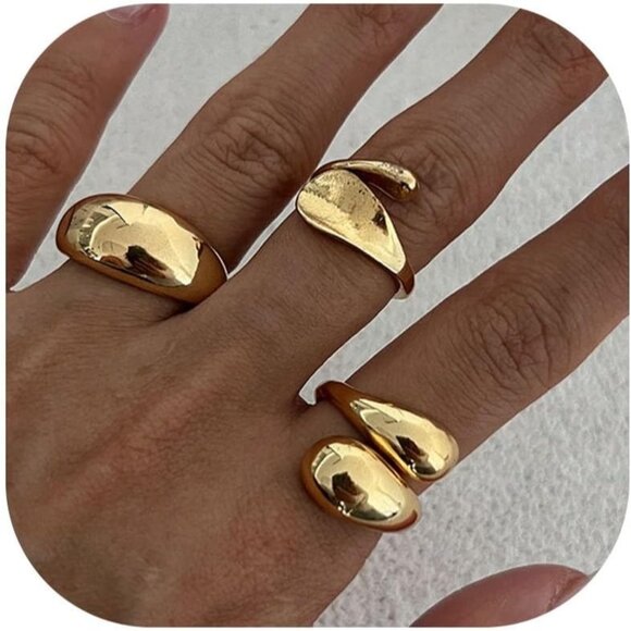 Women Gold Chunky Rings Set Adjustable Knuckle Finger Stackable Fashion Jewelry - Picture 1 of 7